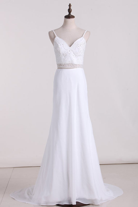 Two-Piece Spaghetti Straps Wedding Dresses A Line Chiffon With Beading