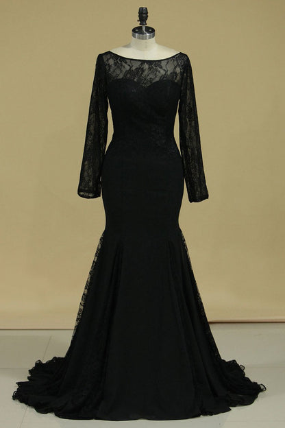 2024 Black Sexy Open Back Long Sleeves Mother Of The Bride Dresses Mermaid Chiffon & Lace