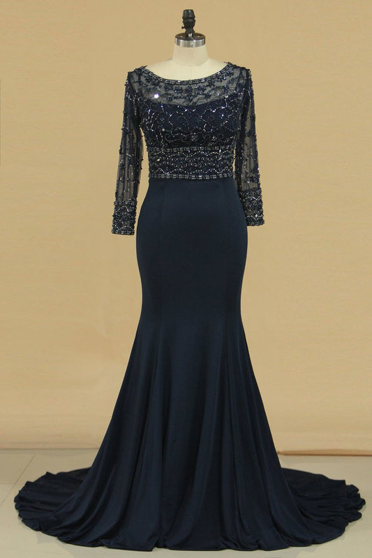 2024 Dark Navy Spandex Scoop 3/4 Length Sleeves Beaded Bodice Mother Of The Bride Dresses Mermaid/Trumpet