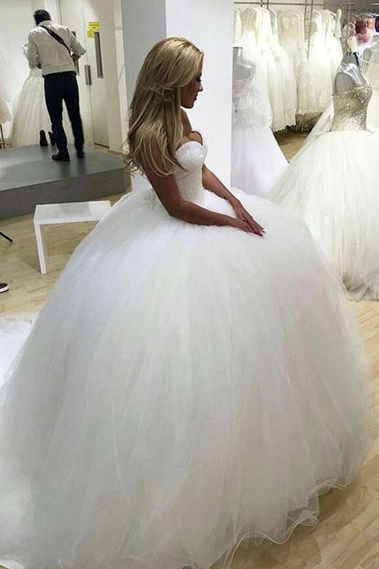 Sparkly Ball Gown Tulle Strapless Ivory Wedding Dresses, Long Bridal Dresses SRS15429