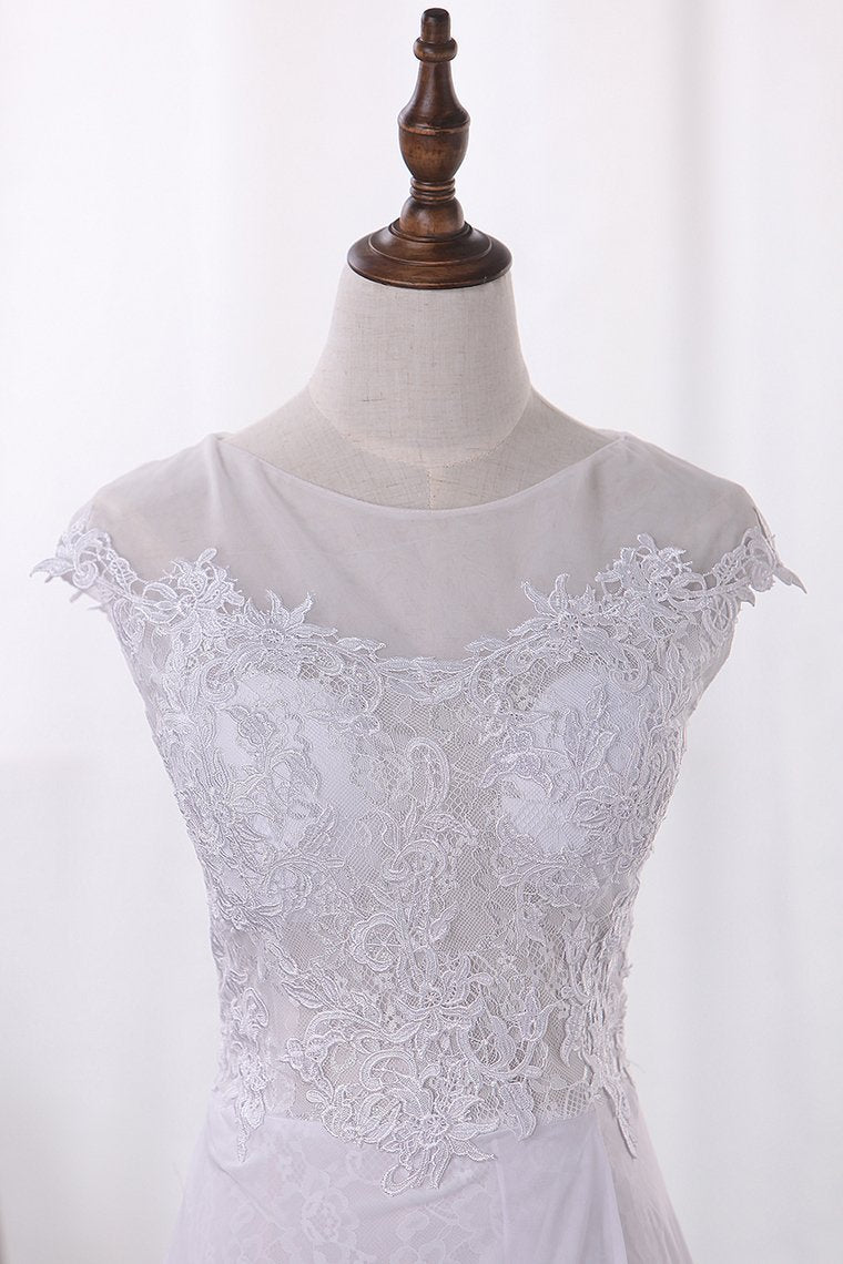 Wedding Dresses Scoop Cap Sleeves Chiffon With Applique Slit