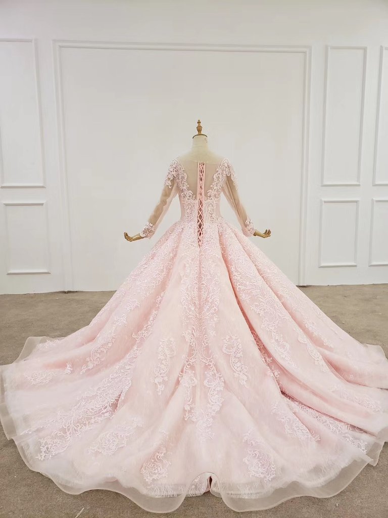 Elegant Ball Gown Pink Long Sleeves Appliques Prom Dresses, Quinceanera SJS20481