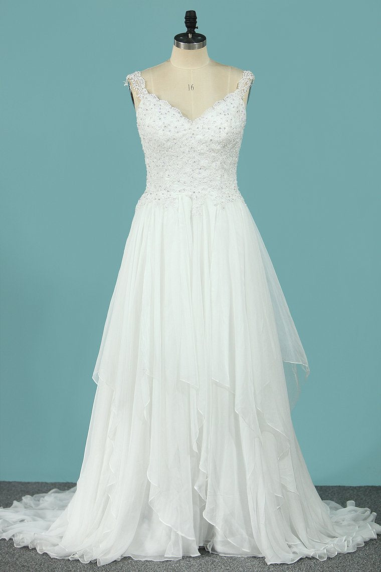 2024 Straps 30D Chiffon Wedding Dresses A Line With Applique Sweep Train