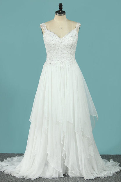 2024 Straps 30D Chiffon Wedding Dresses A Line With Applique Sweep Train