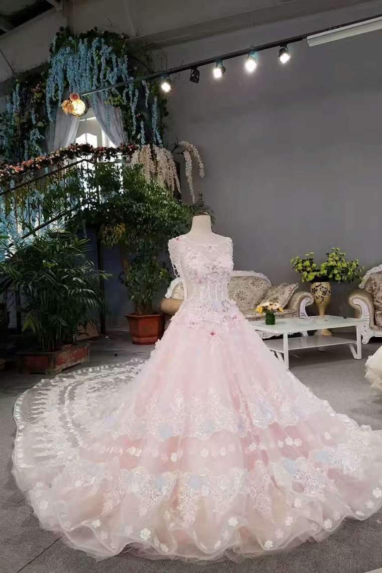 Pink Wedding Dress High-End Tulle Scoop Lace Up With Beads Handmade Flowers