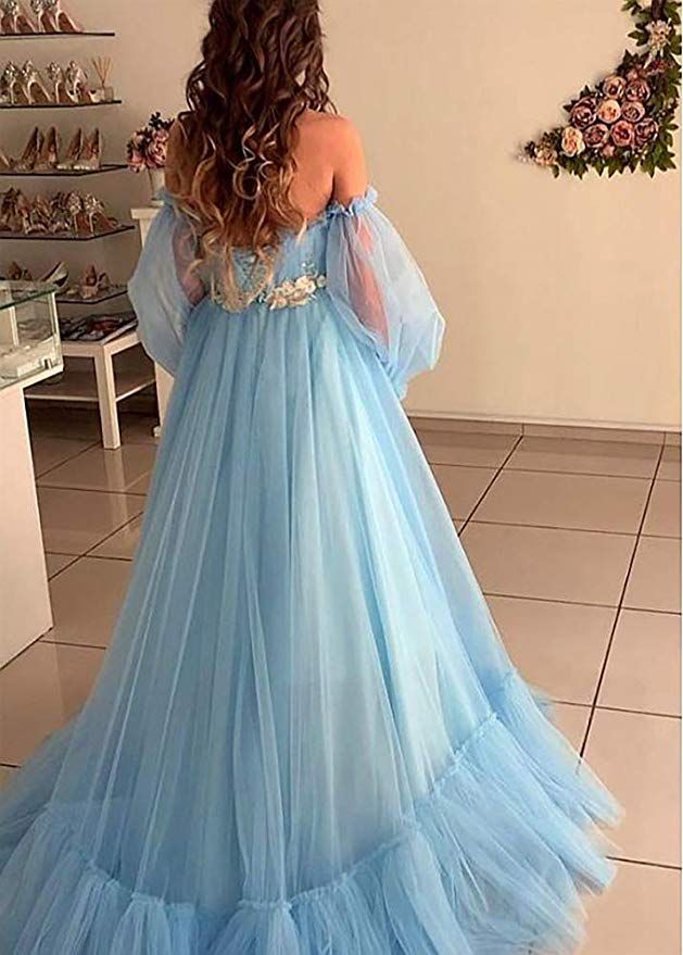 Blue Tulle Off the Shoulder Modern Prom Dresses Long Sleeve Quinceanera Dresses