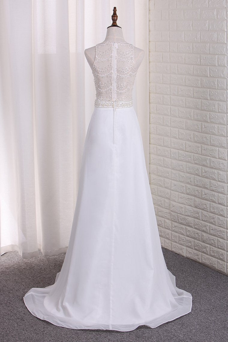 New Arrival A Line Scoop Chiffon & Lace Wedding Dresses With Slit