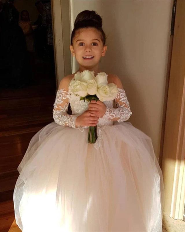 Ball Gown Long Sleeve Tulle Appliques Flower Girl Dresses with Bowknot, Baby Dresses SJS15560