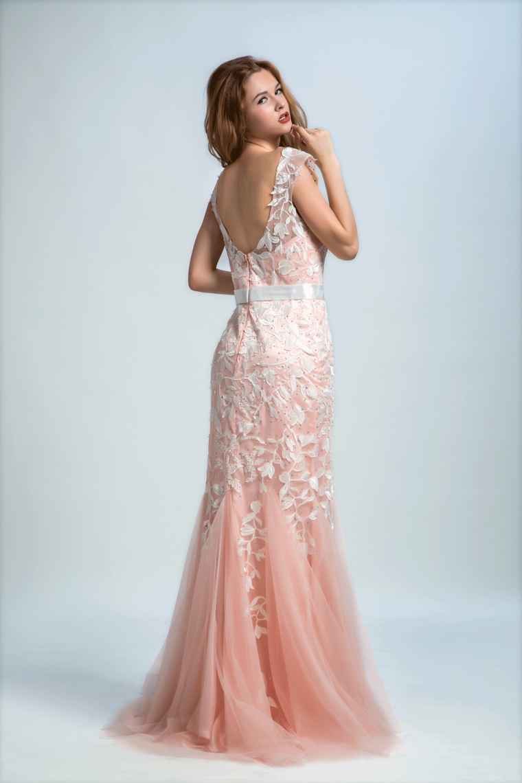 2024 Bicolor Prom Dresses Bateau Mermaid Low Back Sweep/Brush Train Tulle With Ivory Applique