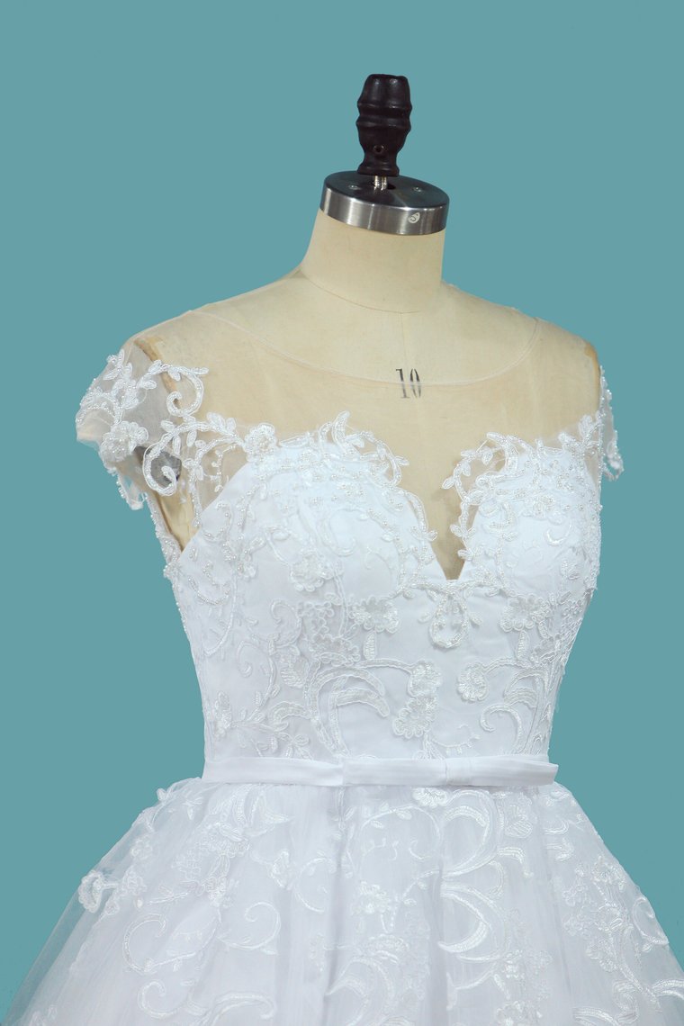 A Line Lace Cap Sleeve Scoop Wedding Dresses With Beads Court Train