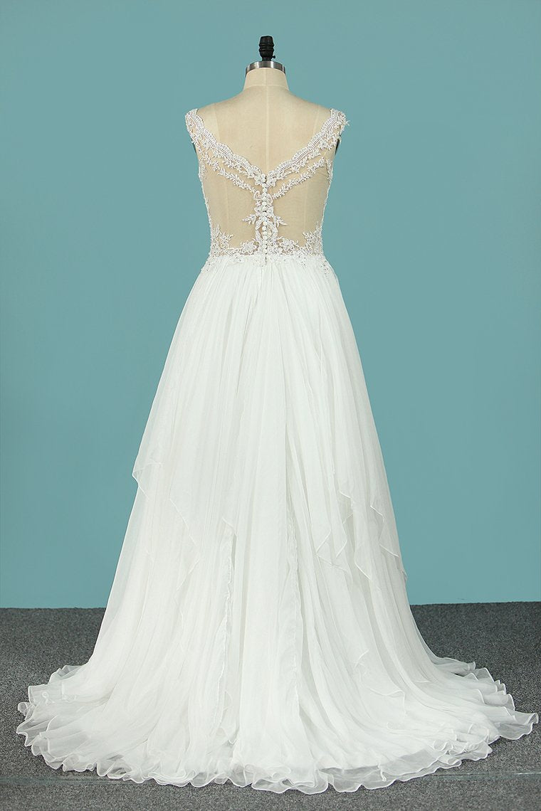 Straps 30D Chiffon Wedding Dresses A Line With Applique Sweep Train