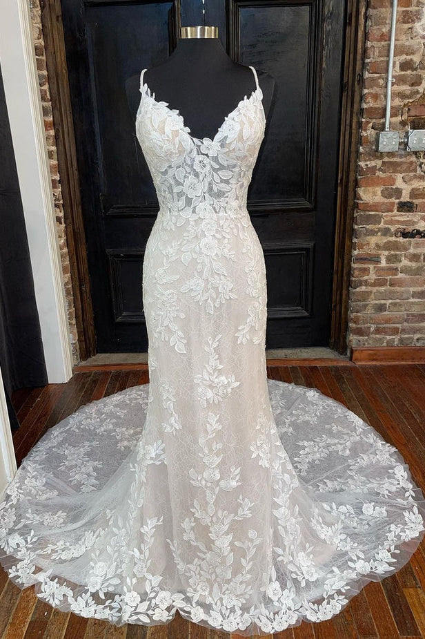 Elegant Mermaid V Neck Lace Wedding Dresses