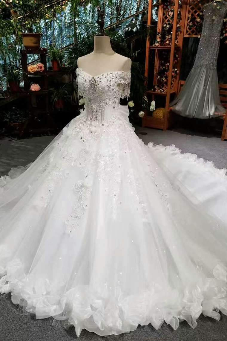 Wedding Dresses Off The Shoulder Ball Gown Tulle Lace Up With Appliques And Bow Knot