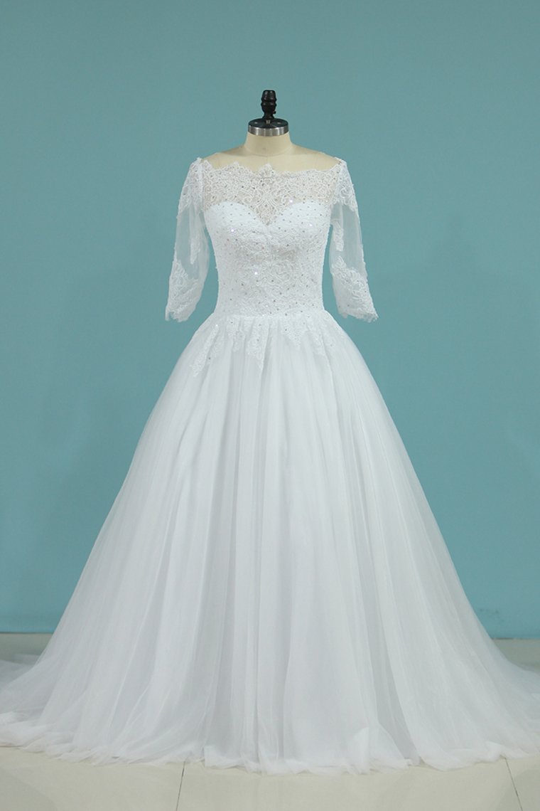 2024 Mid-Length Sleeves Baot Neck Wedding Dresses A Line With Applique