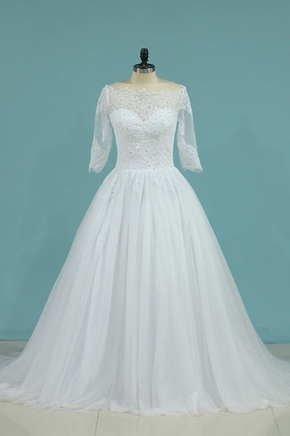 2024 Mid-Length Sleeves Baot Neck Wedding Dresses A Line With Applique