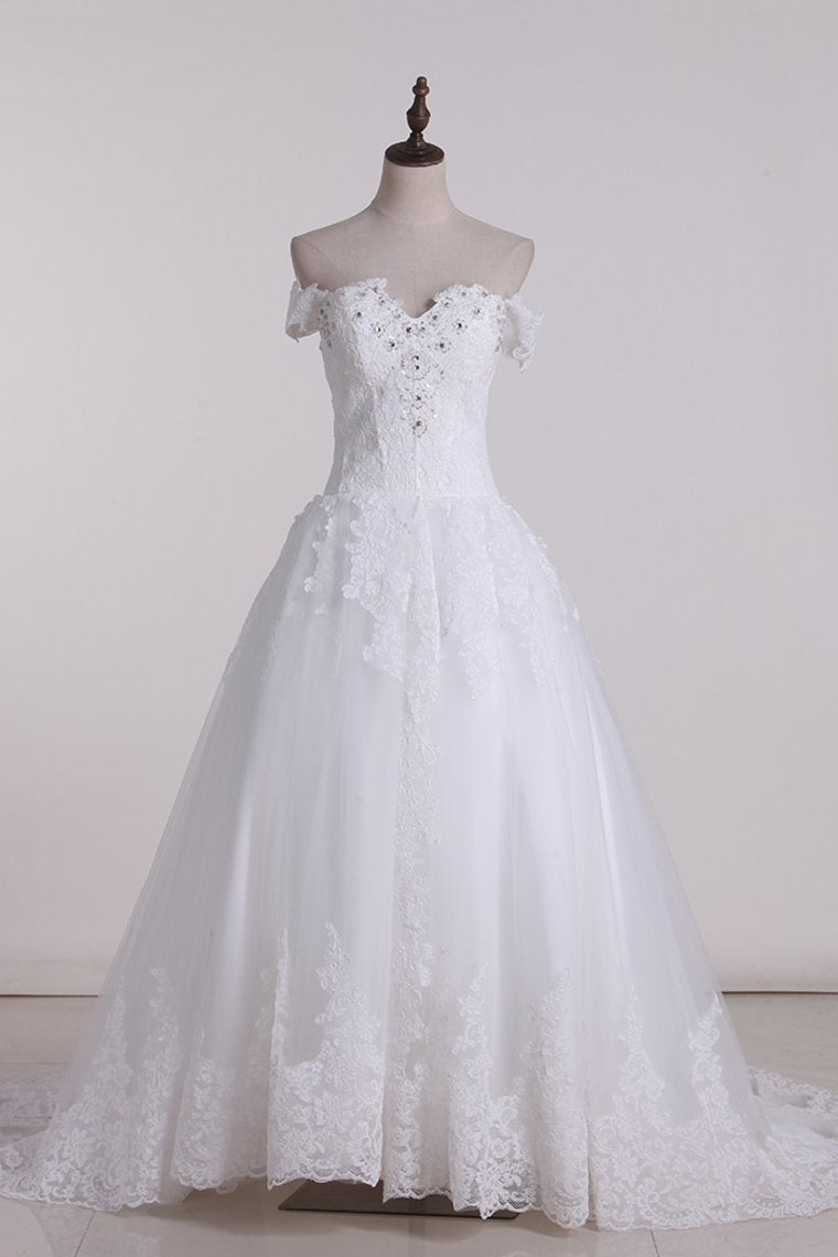 2024 New Arrival Wedding Dresses Off The Shoulder Tulle With Applique And Beads A Line