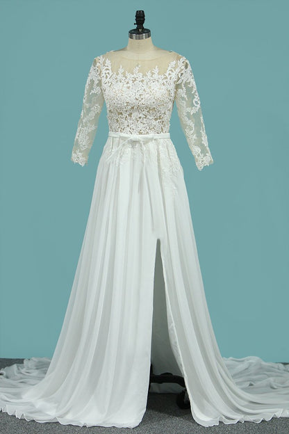 2024 Scoop Chiffon Wedding Dresses 3/4 Length Sleeves With Applique