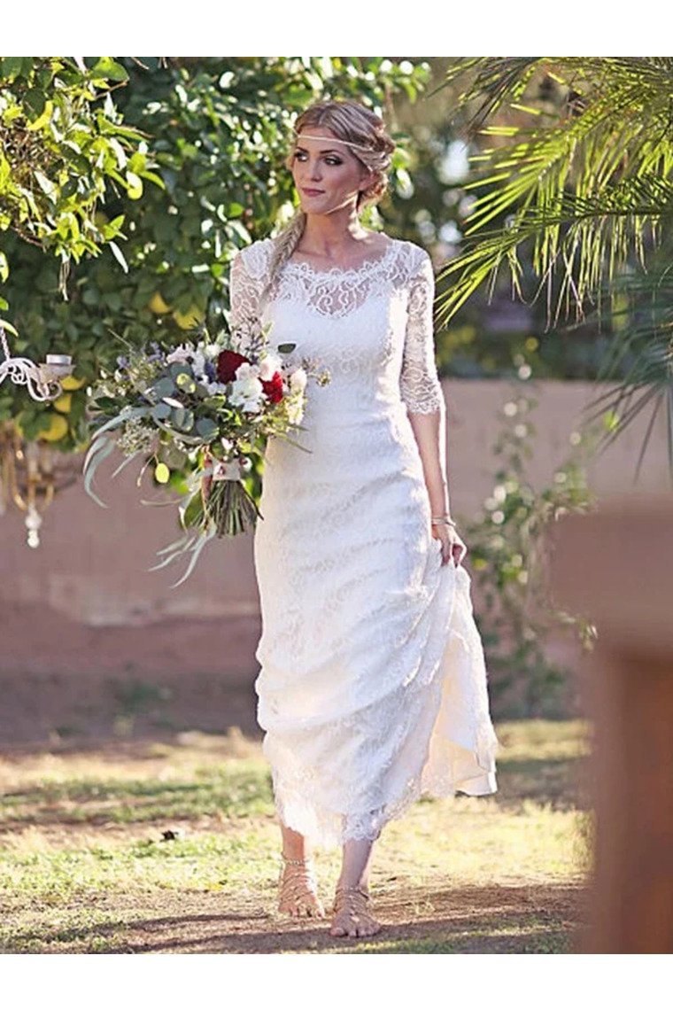 Sheath/Column Lace Bateau 1/2 Sleeves Sweep/Brush Train Wedding Dresses