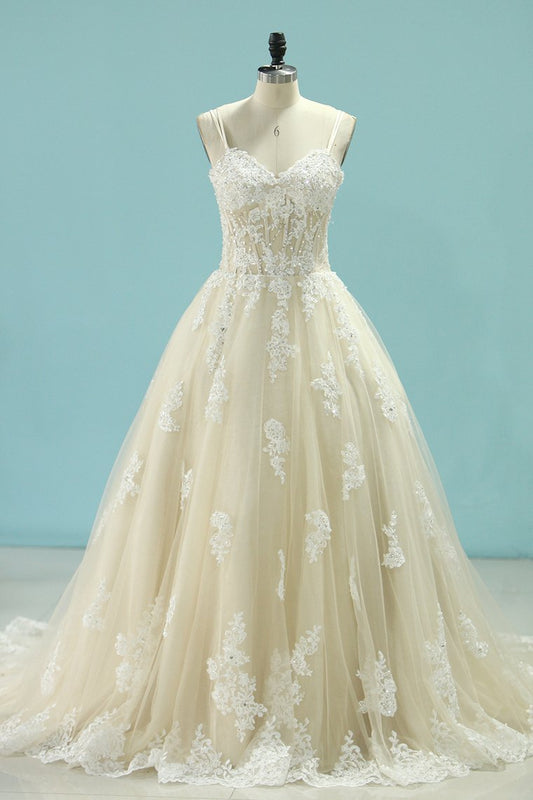 2024 New Arrival Wedding Dresses A Line Tulle Spaghetti Straps With Applique