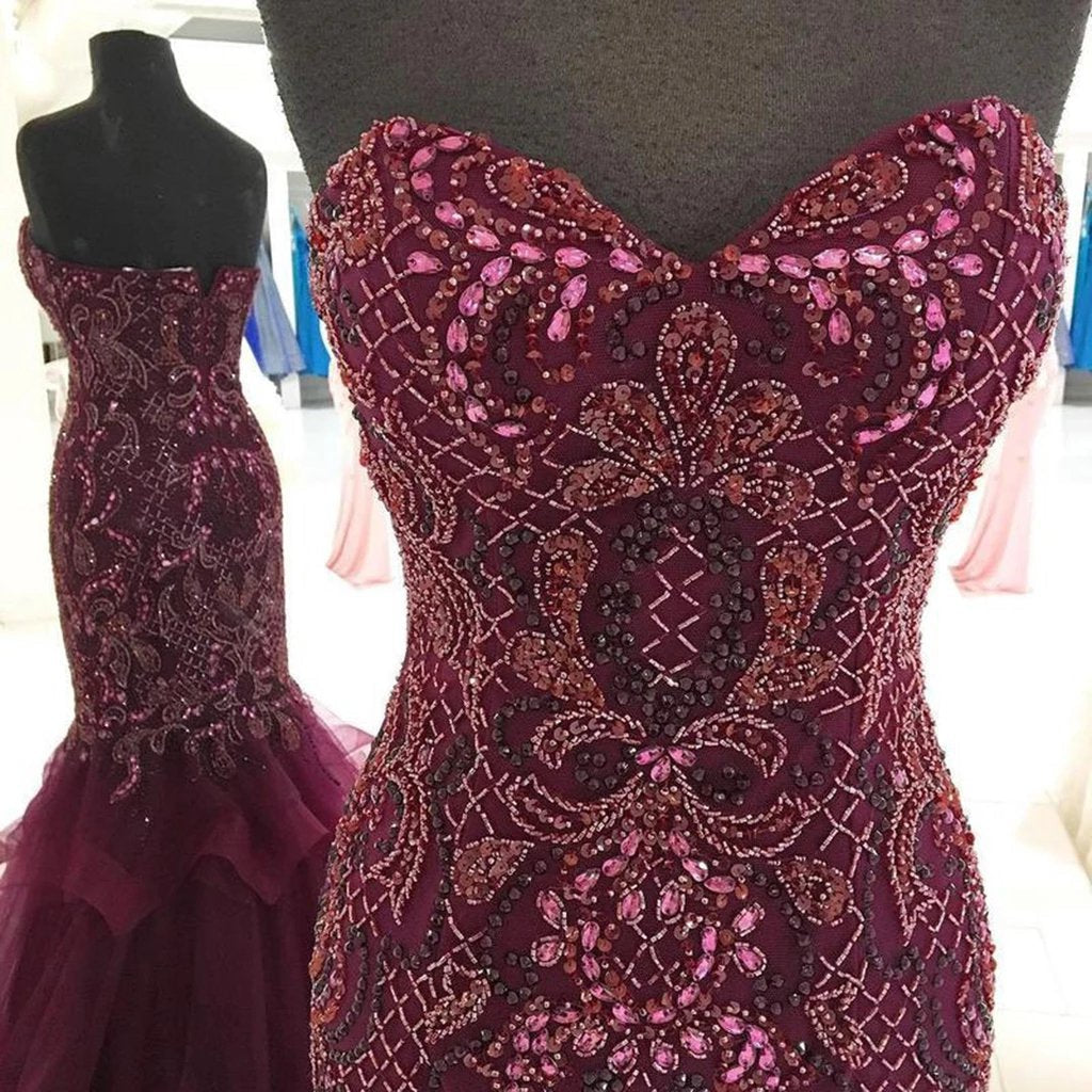 Strapless Sweetheart Long Tulle Mermaid Beads Prom Dresses, Maroon Formal Dresses SRS15433