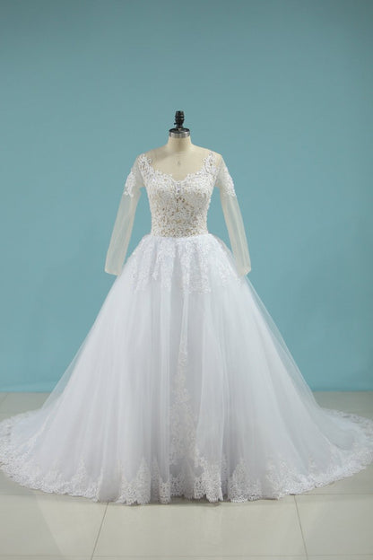 2024 New A Line Scoop Long Sleeves Wedding Dress Tulle With Applique