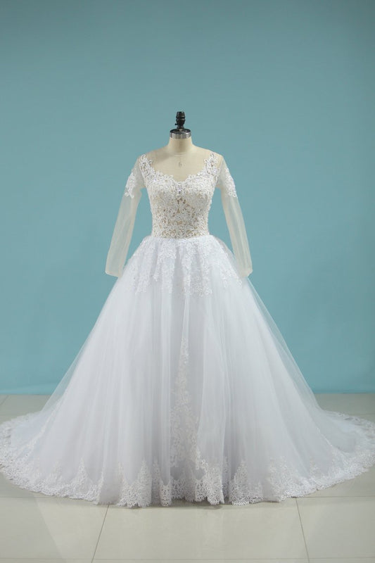 2024 New A Line Scoop Long Sleeves Wedding Dress Tulle With Applique