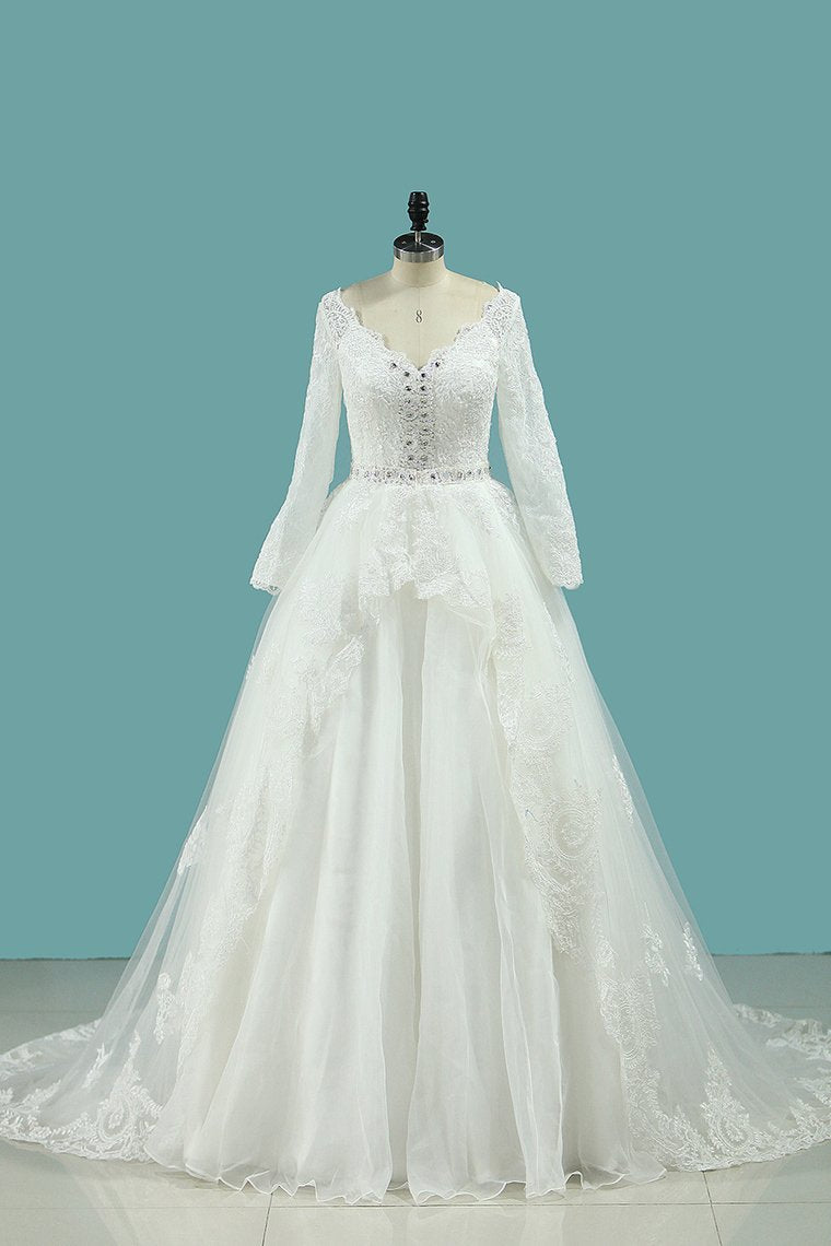 2024 Long Sleeves V Neck Wedding Dresses Ball Gown Tulle With Applique & Beading Chapel Train