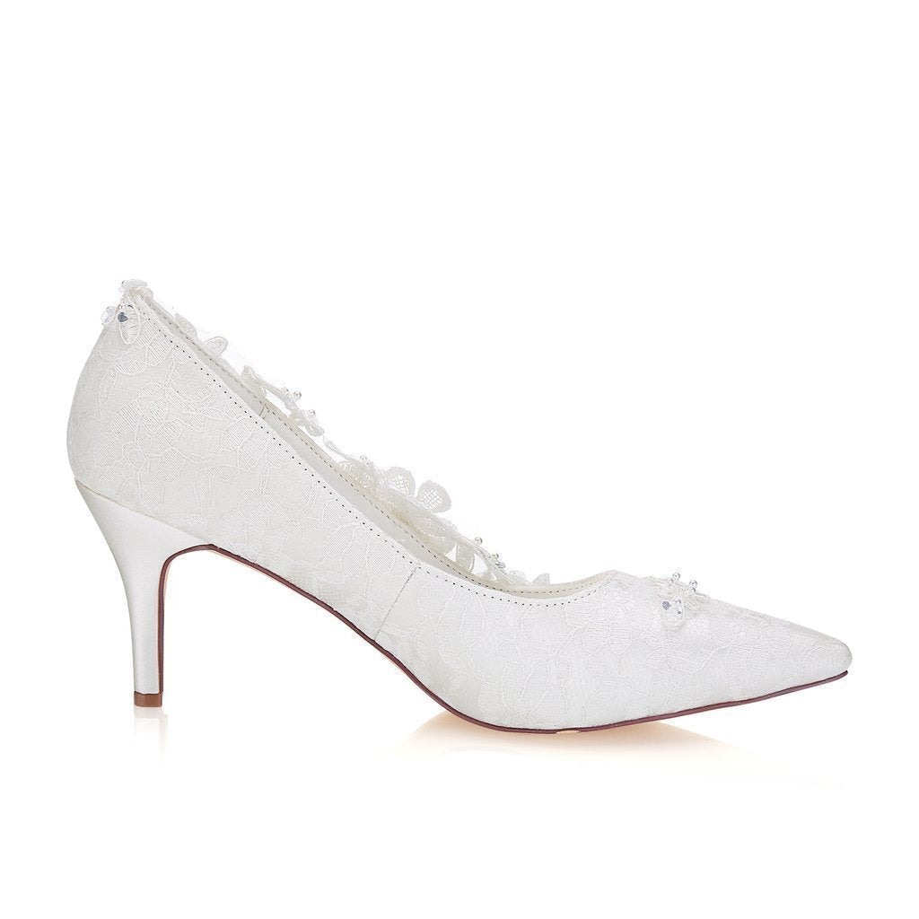 Ivory High Heels Wedding Shoes with Appliques Fashion Lace Woman SRS12498