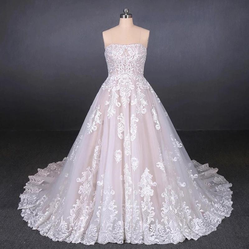 Ball Gown Strapless Wedding Dresses with Lace Applique, Lace Up Bridal Dress SRS15071