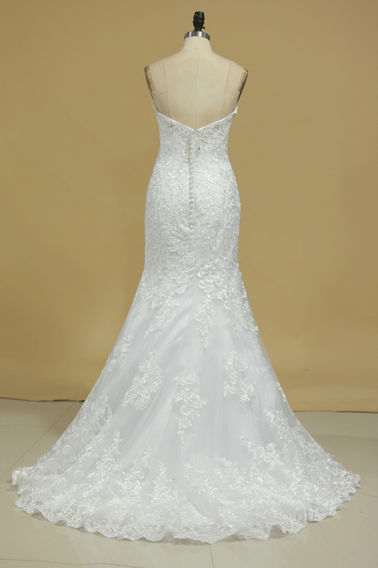 2024 Sweetheart Wedding Dresses Mermaid Tulle With Applique And Beads Court Train