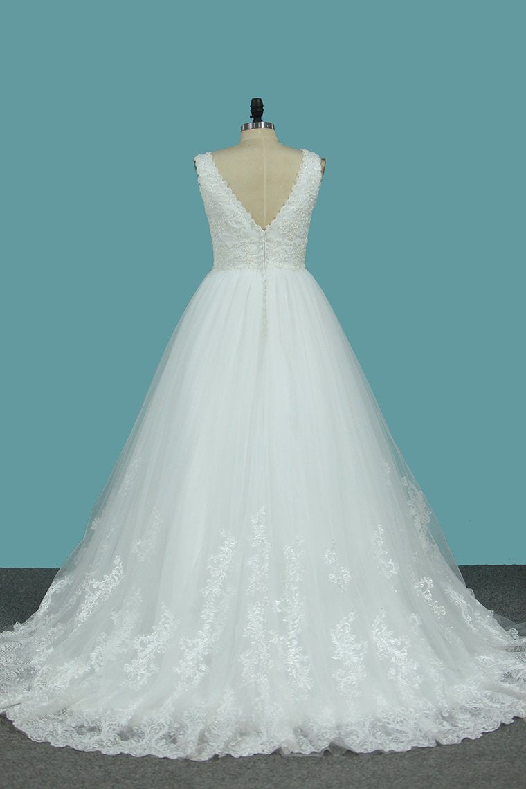 Wedding Dresses V Neck Tulle A Line With Applique Sweep Train