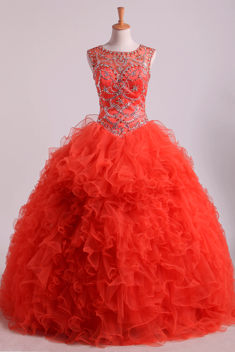 2024 Scoop Quinceanera Dresses Tulle Ball Gown Floor Length With Beading