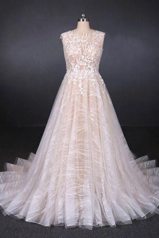 Puffy Lace Off White Wedding Dresses, Elegant A Line Backless Bridal Dresses SRS15311