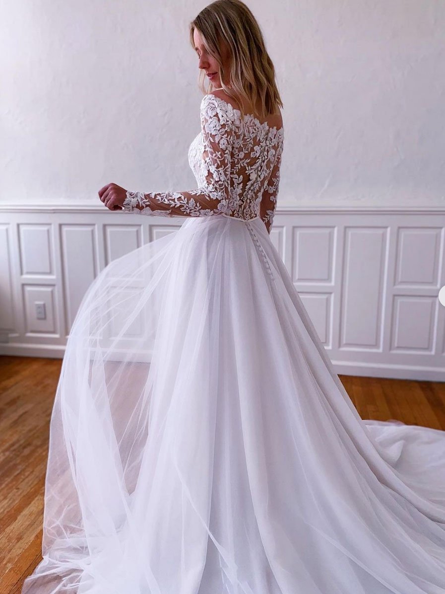 White lace tulle long wedding dress, white lace tulle evening dress