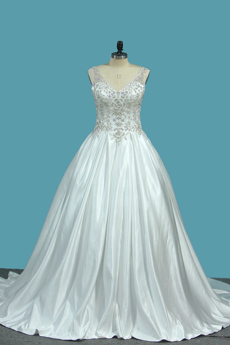 2024 A Line Wedding Dresses Satin V Neck With Beading Sweep Train