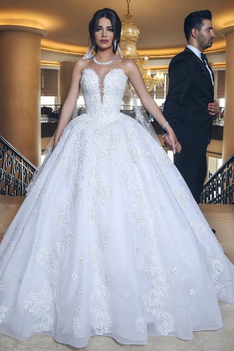 Strapless Long Ball Gowns Lace Beading Wedding Dresses Modest Bridal Gowns