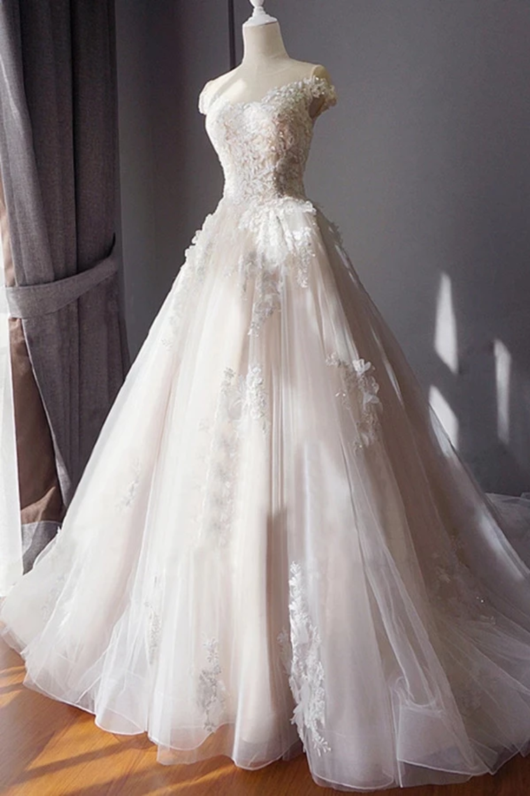 Stunning Off The Shoulder Tulle Wedding Dress With Applique Bridal Dress With Long SJSPAE18RA2