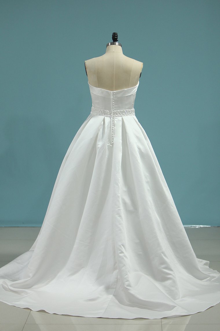 2024 Satin Strapless Beaded Waistline Wedding Dresses A Line Covered Button