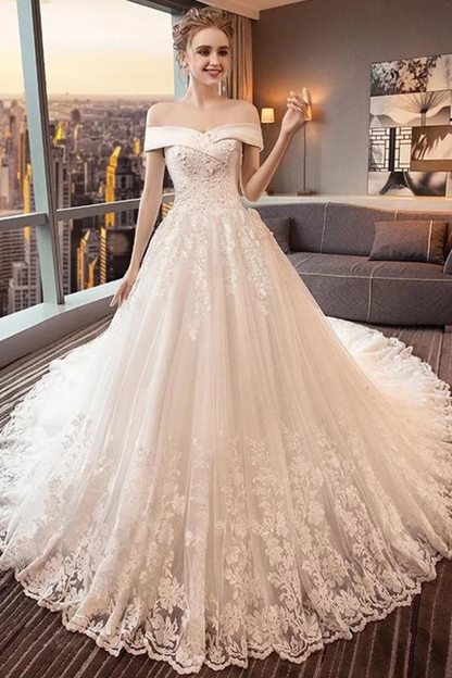 Gorgeous Off The Shoulder Lace Cathedral Train Wedding Dresses Princess Bridal SRSPT58L82L