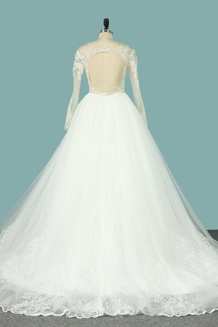 2024 Wedding Dresses Scoop Long Sleeves Tulle With Applique Court Train