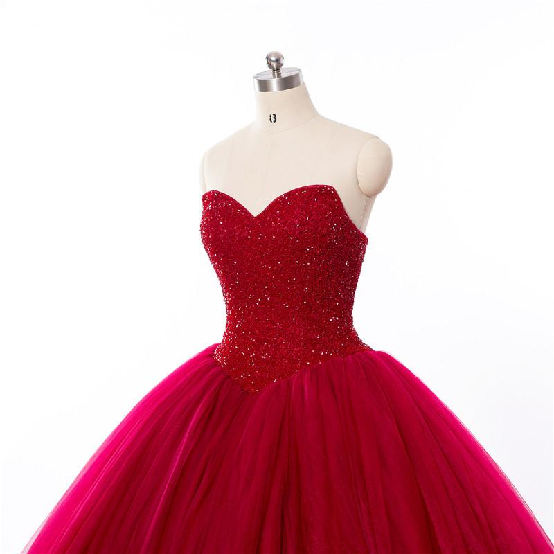 New Style Red Tulle Lace up Sweetheart Strapless Beads Ball Gown Prom Quinceanera Dress JS512