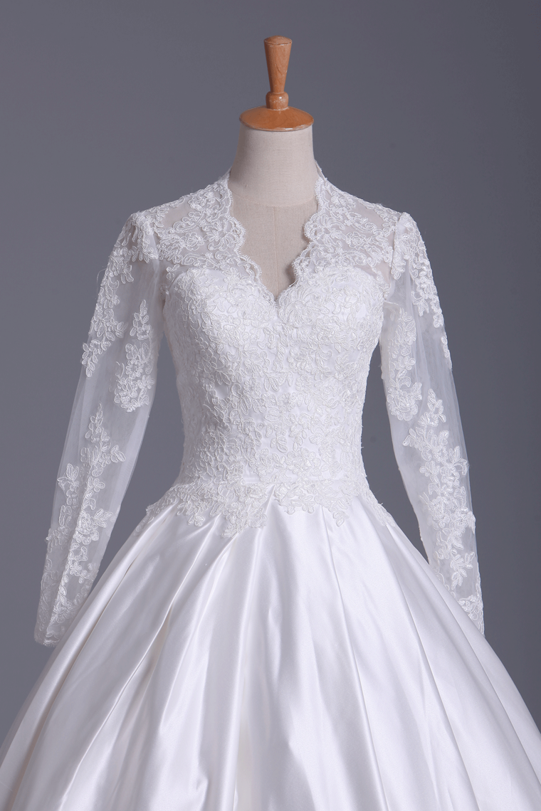 Wedding Dresses A Line V Neck Long Sleeves With Applique Satin