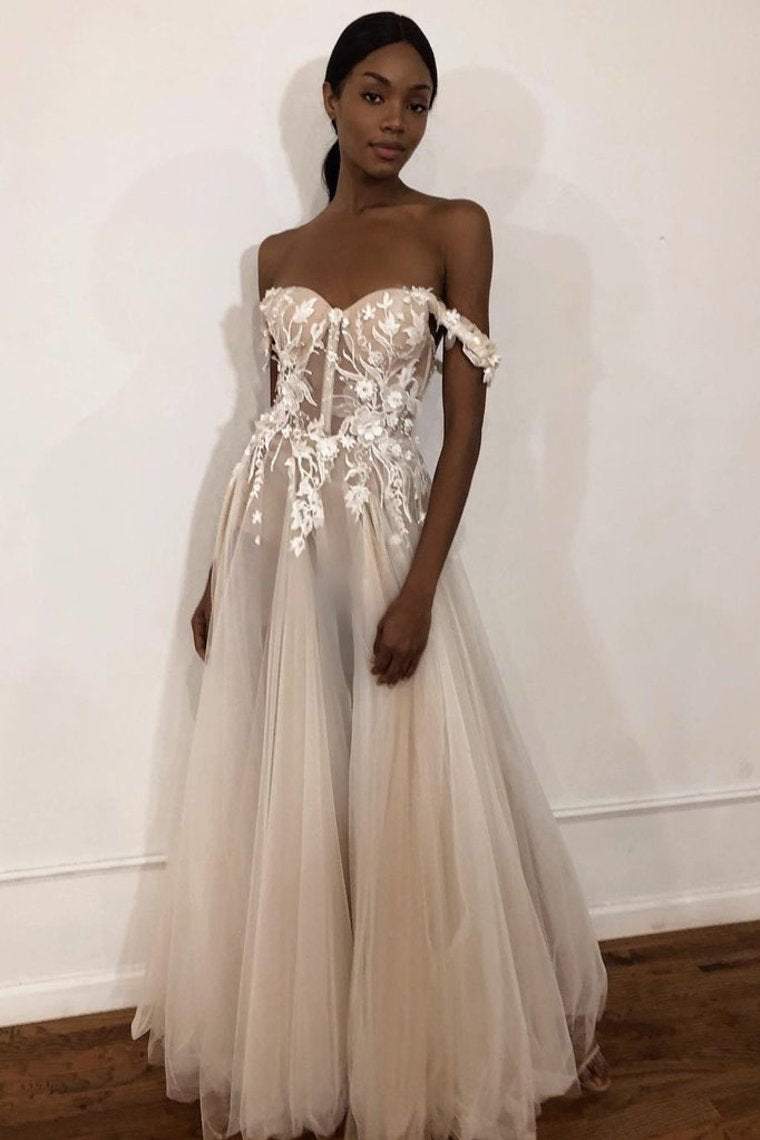 Unique Off The Shoulder Ivory Long Wedding Dress With Appliques Sweetheart Wedding SJSPMJM4785