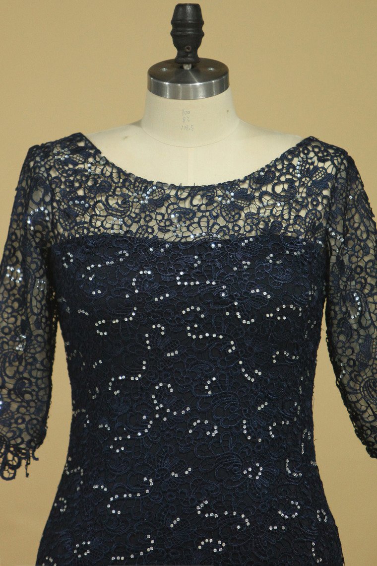 Mother Of The Bride Dresses Scoop 3/4 Length Sleeve Dark Navy Spandex & Lace With Beads