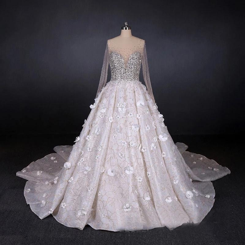 Stunning Long Sleeve Ball Gown 3D Flowers Wedding Dresses, Long Wedding Gowns SRS15435