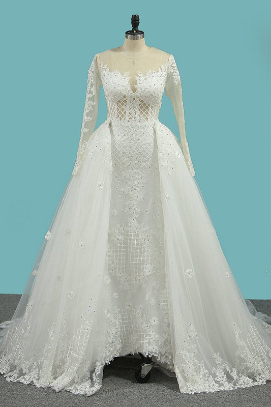 2024 Mermaid Tulle Wedding Dresses Long Sleeves Scoop With Applique