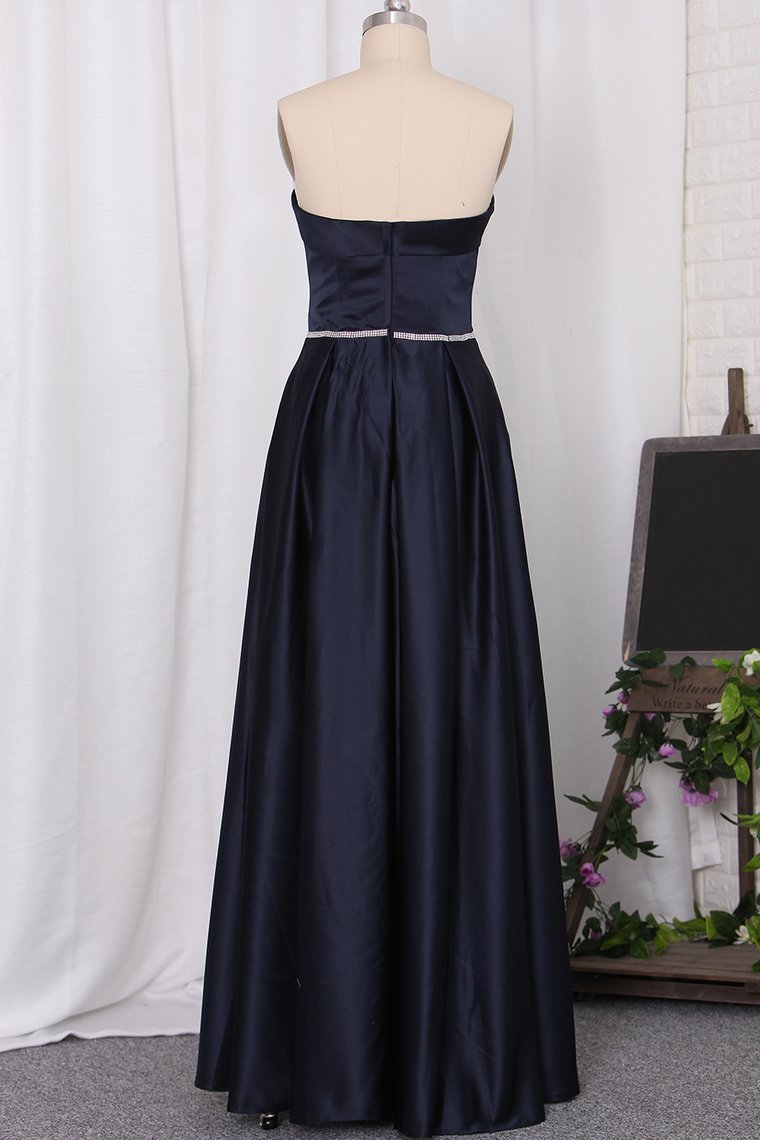 2024 Strapless A Line Bridesmaid Dresses Satin With Beading Floor Length