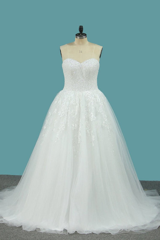 Sweetheart Organza A Line Wedding Dresses With Applique And Beads Sweep Train