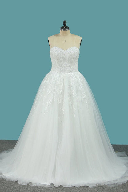 2024 Sweetheart Organza A Line Wedding Dresses With Applique And Beads Sweep Train