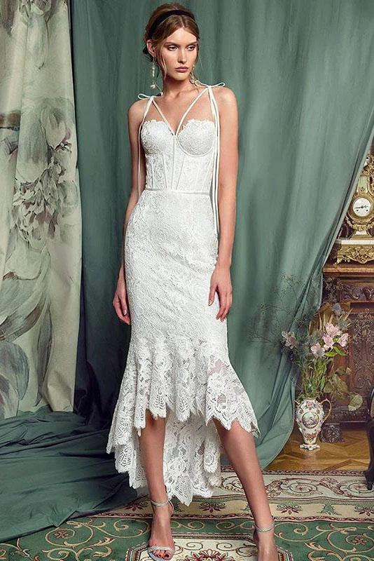 Elegant Lace Off White Sheath Prom Dresses, Lace Simple Wedding Dresses SRS15171